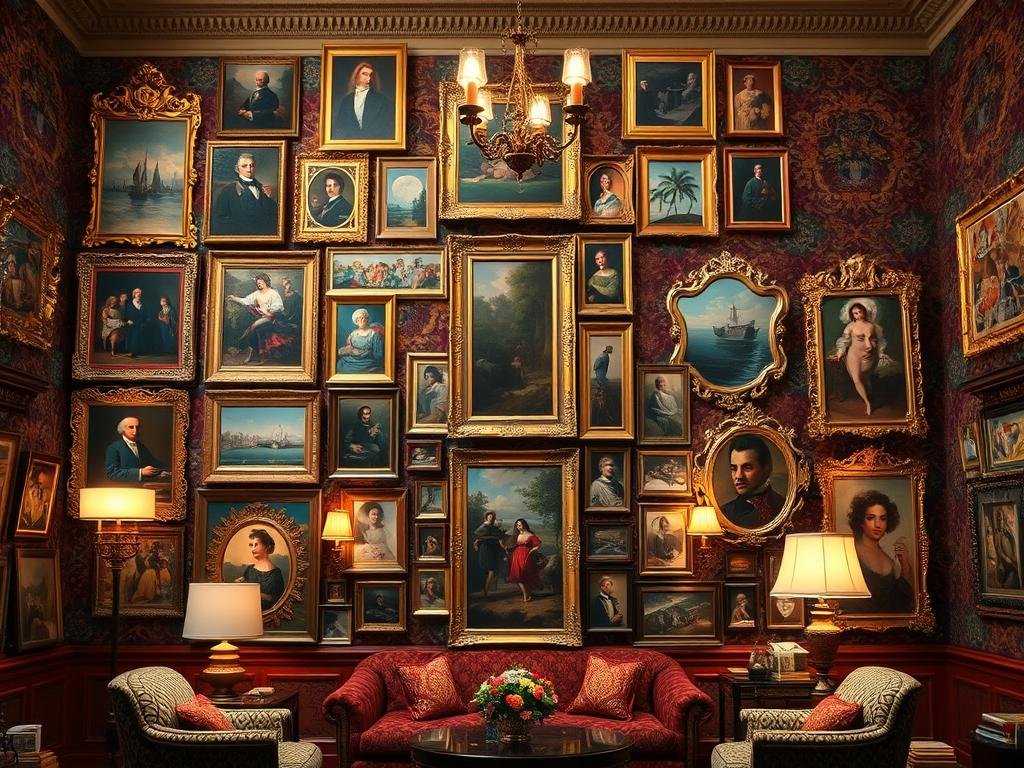 Historical maximalist-style gallery wall influences