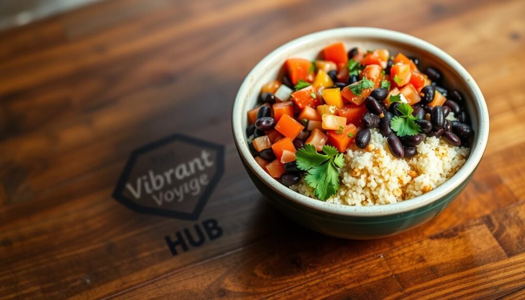 Vegetarian burrito bowl low calorie recipe with black beans, quinoa, and salsa