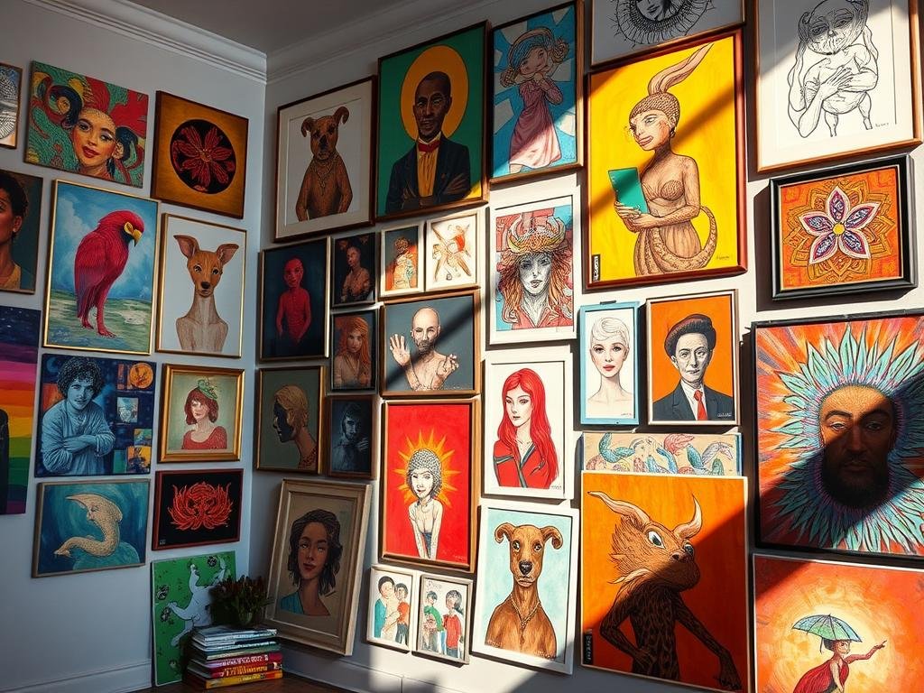 bold interior design art filled walls