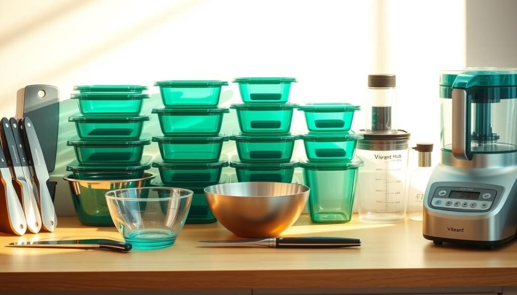 meal prep containers and kitchen tools