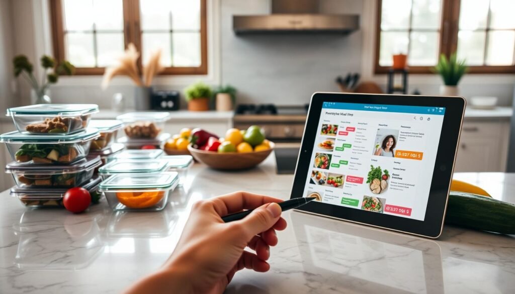 A meticulously organized kitchen countertop, with a neatly laid out array of meal prep containers, colorful fruits and vegetables, and a sleek tablet displaying a weekly meal plan. Soft, natural lighting filters through large windows, casting a warm, inviting glow. In the foreground, a hand holds a pen, ready to jot down notes on the Vibrantvoyagehub.com meal planning strategies app open on the screen. The overall atmosphere exudes a sense of calm efficiency and a commitment to a healthier lifestyle.