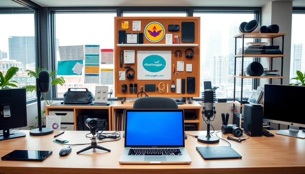 A neatly organized workspace with an array of essential side hustle tools for 2025. In the foreground, a sleek laptop, a high-quality webcam, and a professional microphone sit on an uncluttered desk. Behind them, a bulletin board displays various notes, schedules, and a vibrant logo for &quot;vibrantvoyagehub.com&quot;. In the middle ground, shelves hold a range of smart devices, charging cables, and ergonomic office accessories. The background features natural lighting, with large windows overlooking a bustling cityscape. The overall atmosphere conveys a sense of productivity, innovation, and a readiness to tackle the side hustle opportunities of the future.