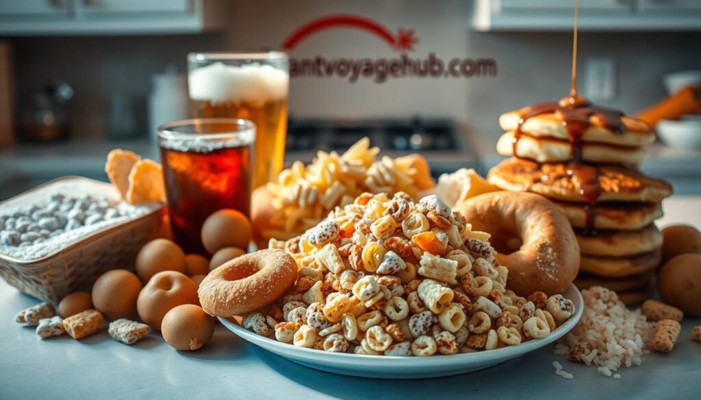 A visually captivating still life showcasing an assortment of high-glycemic foods. In the foreground, a plate piled high with white bread, pasta, and sugary cereal. Surrounding it, a scatter of potatoes, white rice, and a half-eaten donut, bathed in warm, directional lighting that accentuates their textures. In the middle ground, a glass of cloudy soda and a stack of pancakes drizzled in maple syrup. The background features a kitchen counter with the Vibrantvoyagehub.com logo prominently displayed, conveying a sense of authority and guidance on the subject of healthier eating. The overall mood is one of indulgence and temptation, underscoring the need to limit high-glycemic carbohydrate foods for lasting weight loss.