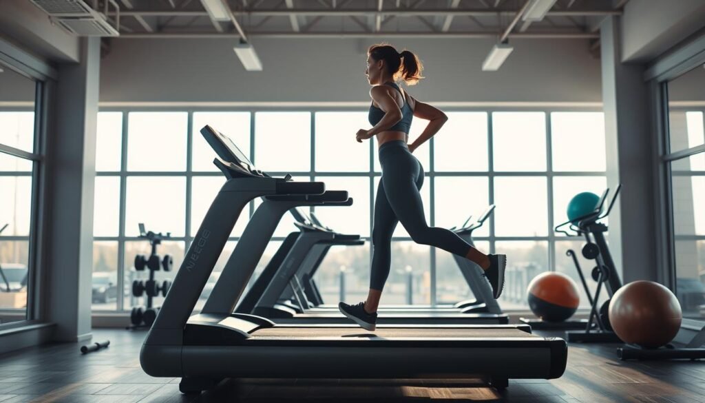 A well-lit gym interior with a state-of-the-art treadmill centrally positioned. The treadmill is sleek and modern, its display panel showing various workout metrics. In the foreground, a person is running on the treadmill, their silhouette cutting a dynamic figure against the bright, airy backdrop. The middle ground features other fitness equipment, such as weights and exercise balls, suggesting a comprehensive workout space. The background showcases large windows, allowing natural light to pour in and creating a sense of openness and wellness. The overall scene conveys the power and benefits of treadmill-based exercise for weight loss, with a clean, motivating aesthetic.