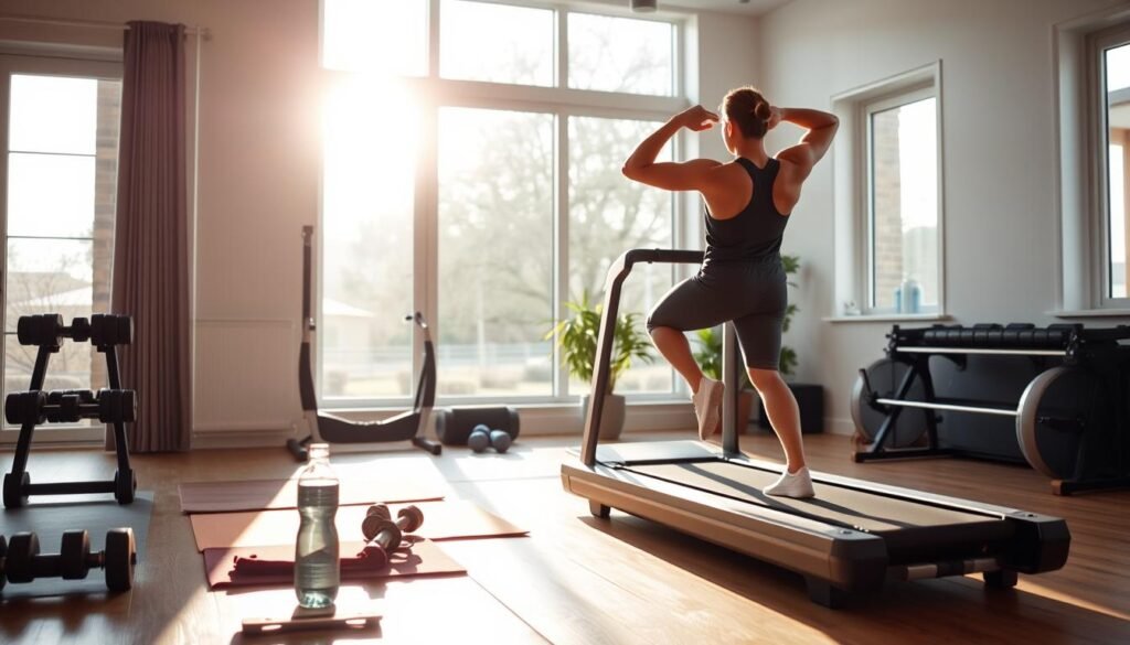 A well-lit, inviting scene of a modern home gym. In the foreground, a person stretches on a sleek, black treadmill, warming up with dynamic leg swings and arm circles. The middle ground features a set of free weights, a yoga mat, and a water bottle, hinting at a comprehensive workout routine. The background showcases large windows, allowing natural light to flood the space and creating a sense of openness and vitality. The overall atmosphere is one of motivation, preparation, and a commitment to a healthy lifestyle.