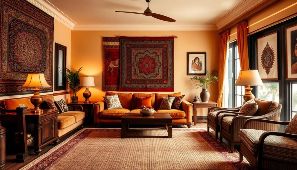 Indian living room design with warm earthy tones