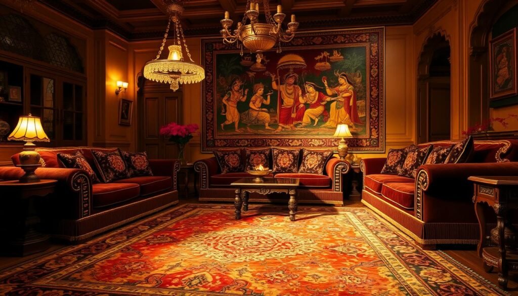 Indian living room with traditional fabrics