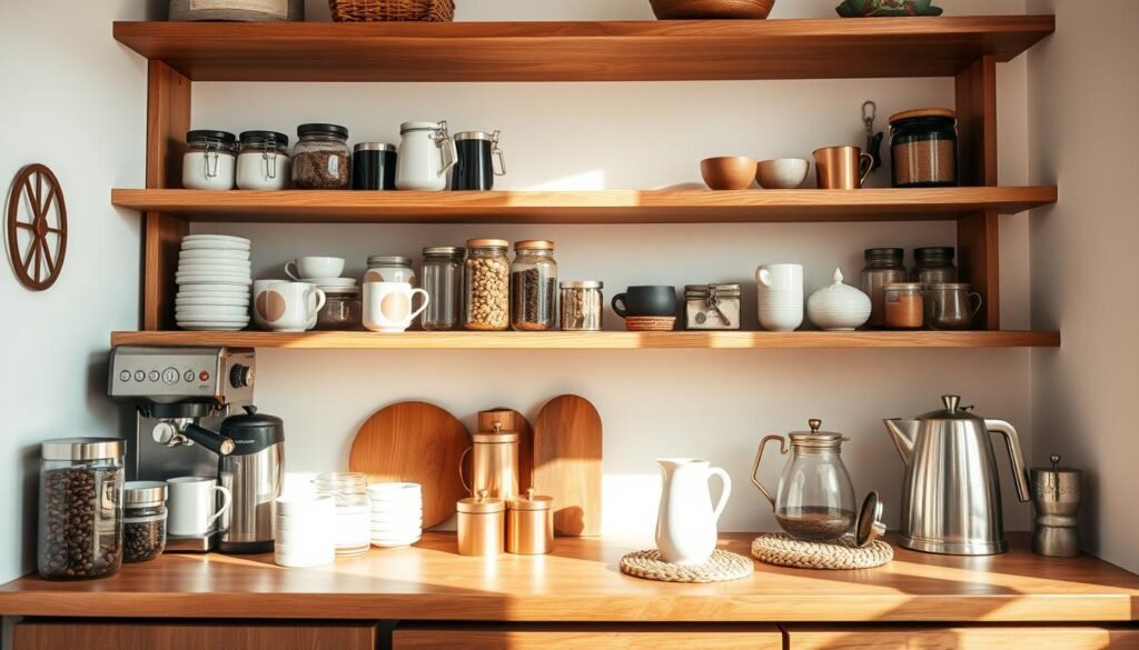coffee station on open shelving