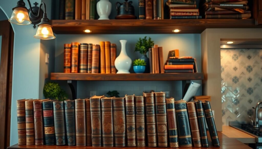cookbook display on kitchen shelves