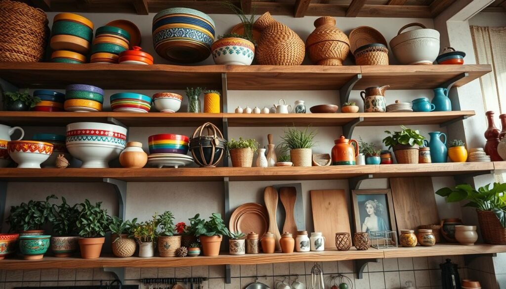 kitchen shelves with colorful displays