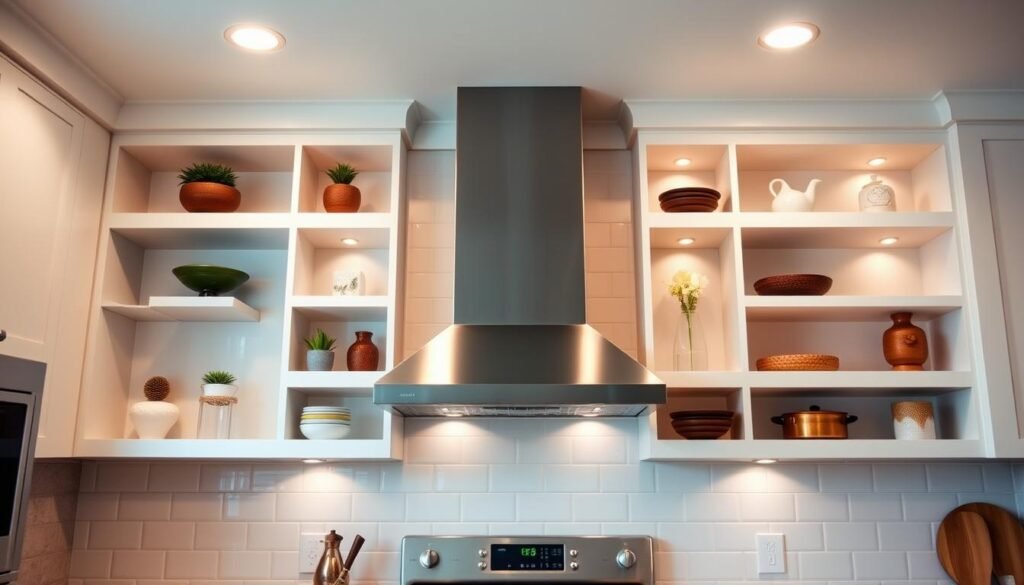 kitchen shelving around range hoods